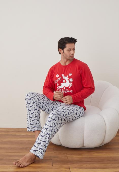 Pijama barbati Craciun "Chrystmas Merry" , maneca lunga ,pantaloni lungi,Culoare Rosu ,Engros